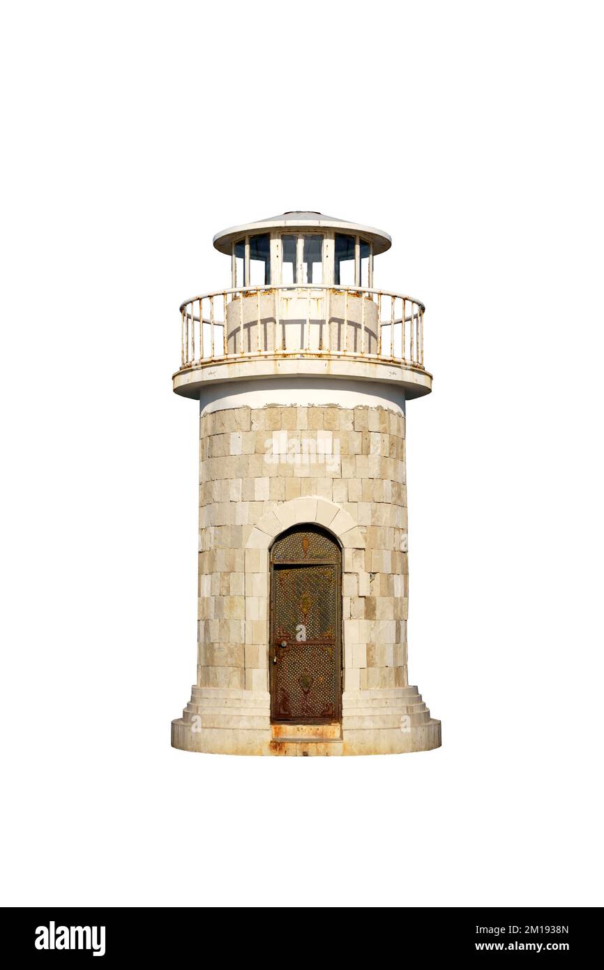 Isoler la tour du phare. Un ancien phare en pierre pour un port maritime ou une rive sur un fond blanc vide. Concept de bâtiments marins. Photo de haute qualité Banque D'Images