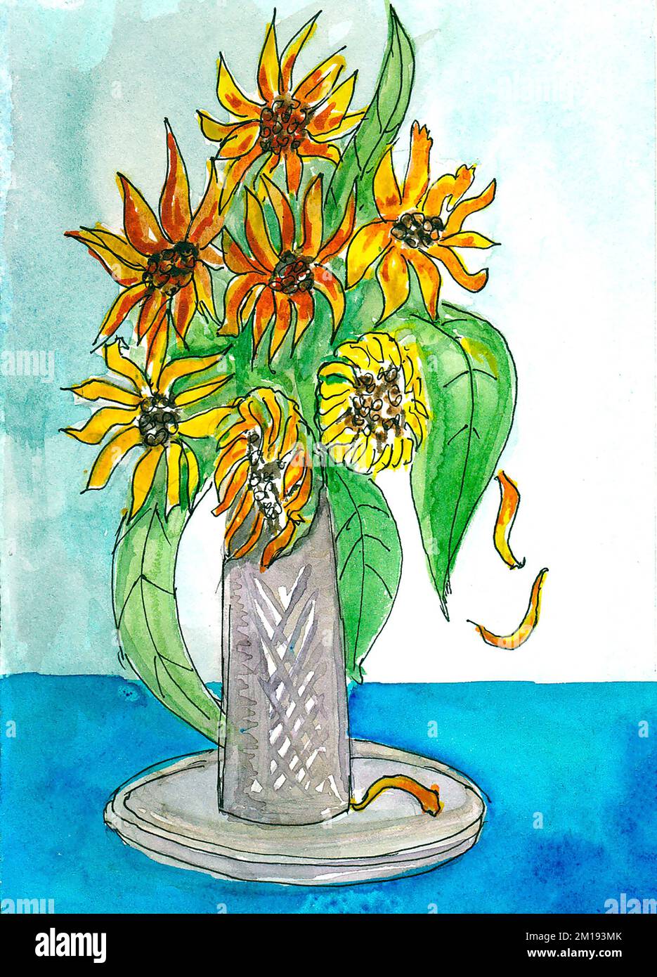 Un bouquet de fleurs jaunes dans un vase est peint en aquarelle. Fleur de l'artichaut de Jérusalem et de rudbeckia. Illustration. Peinture conception faite à la main. Dessiné à la main Banque D'Images