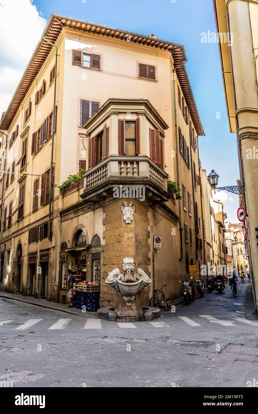 'Fontana dello Sprone', fontaine conçue dans le style maniériste par le sculpteur Bernardo Buontalenti en 17th siècle, Florence, quartier Oltrarno, Italie Banque D'Images