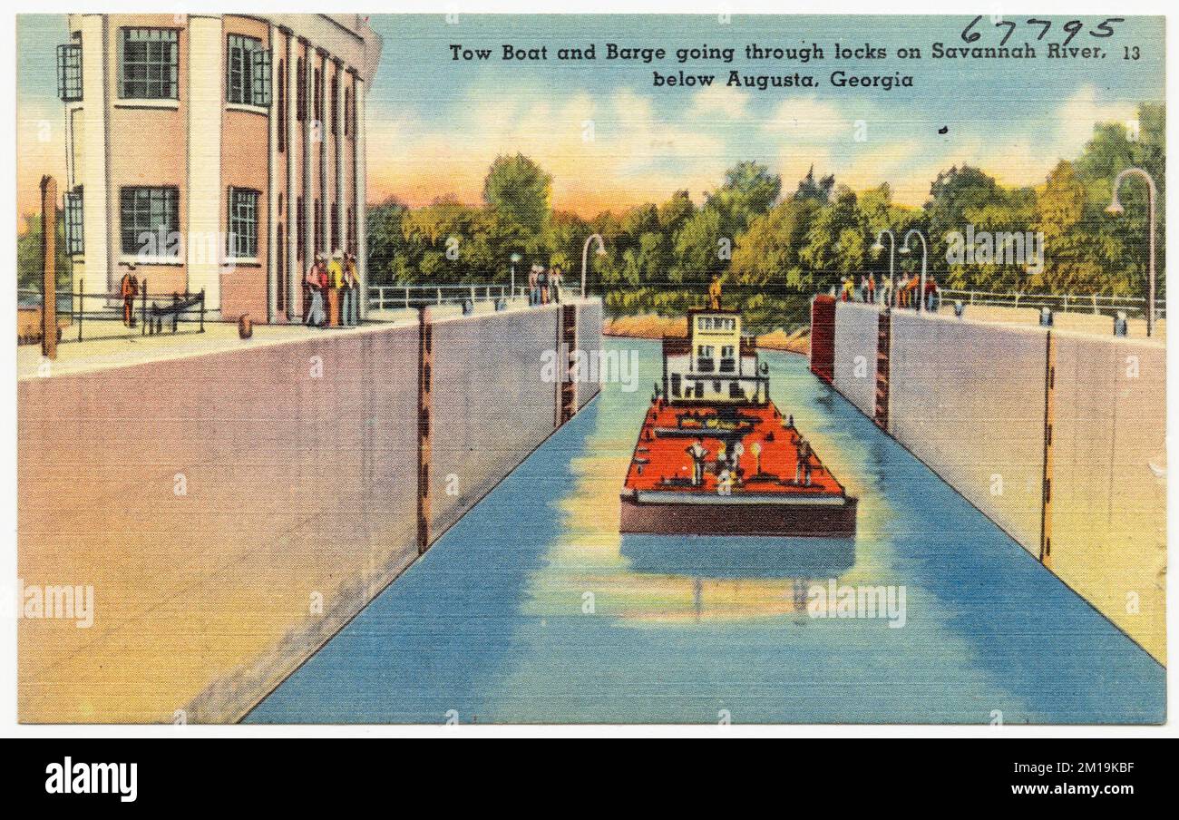 Bateau de remorquage et barge passant par des écluses sur Savannah River, au-dessous d'Augusta, Géorgie , rivières, bateaux, Tichnor Brothers Collection, cartes postales des États-Unis Banque D'Images
