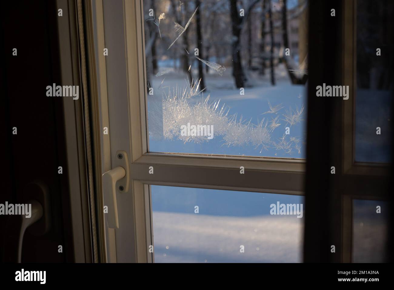 glace congelée sur un panneau de fenêtre par une journée froide d'hiver. la lumière du soleil brille à travers le verre de la pièce, créant l'ombre des fleurs de glace sur le bois Banque D'Images