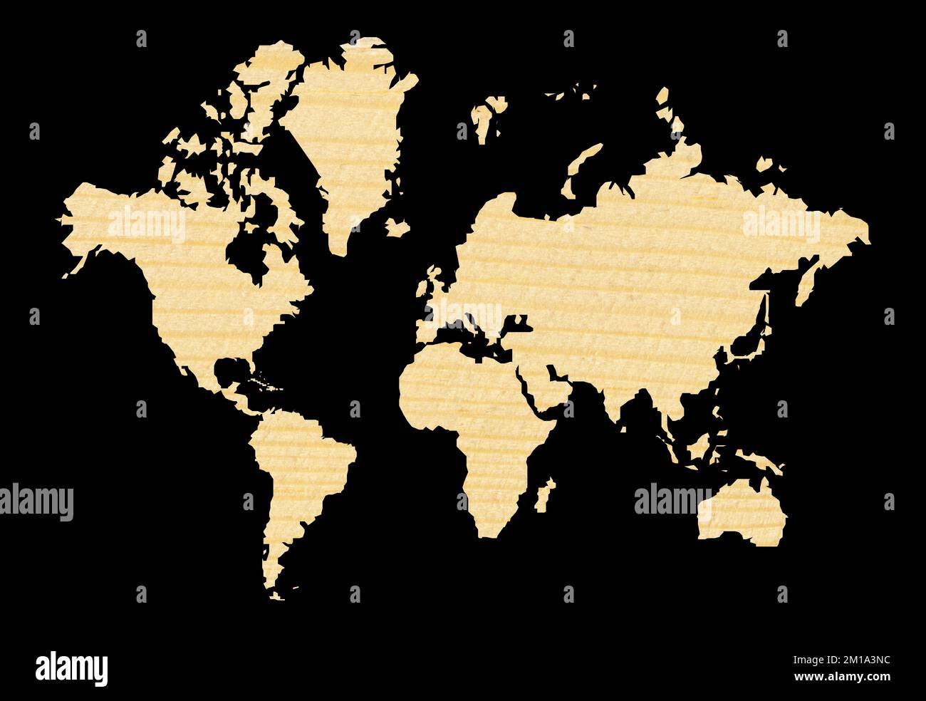 Carte du monde décorative et détaillée coupée de pin à texture bois, carte du monde transparente montrant les continents, isolée sur fond noir Banque D'Images