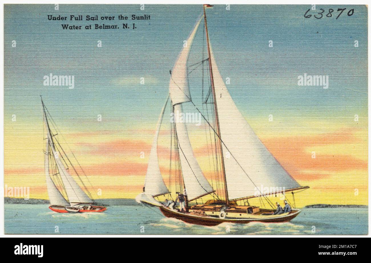 Sous la pleine voile sur l'eau ensoleillée à Belmar, N. J. , Mers, Boats, Tichnor Brothers Collection, Cartes postales des États-Unis Banque D'Images