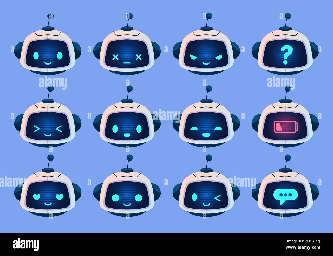 Émotions de robot de dessin animé. Visages android drôle avec des expressions différentes, sourires de cyborg mignon, petits caractères humanoïdes, intelligence artificielle Illustration de Vecteur