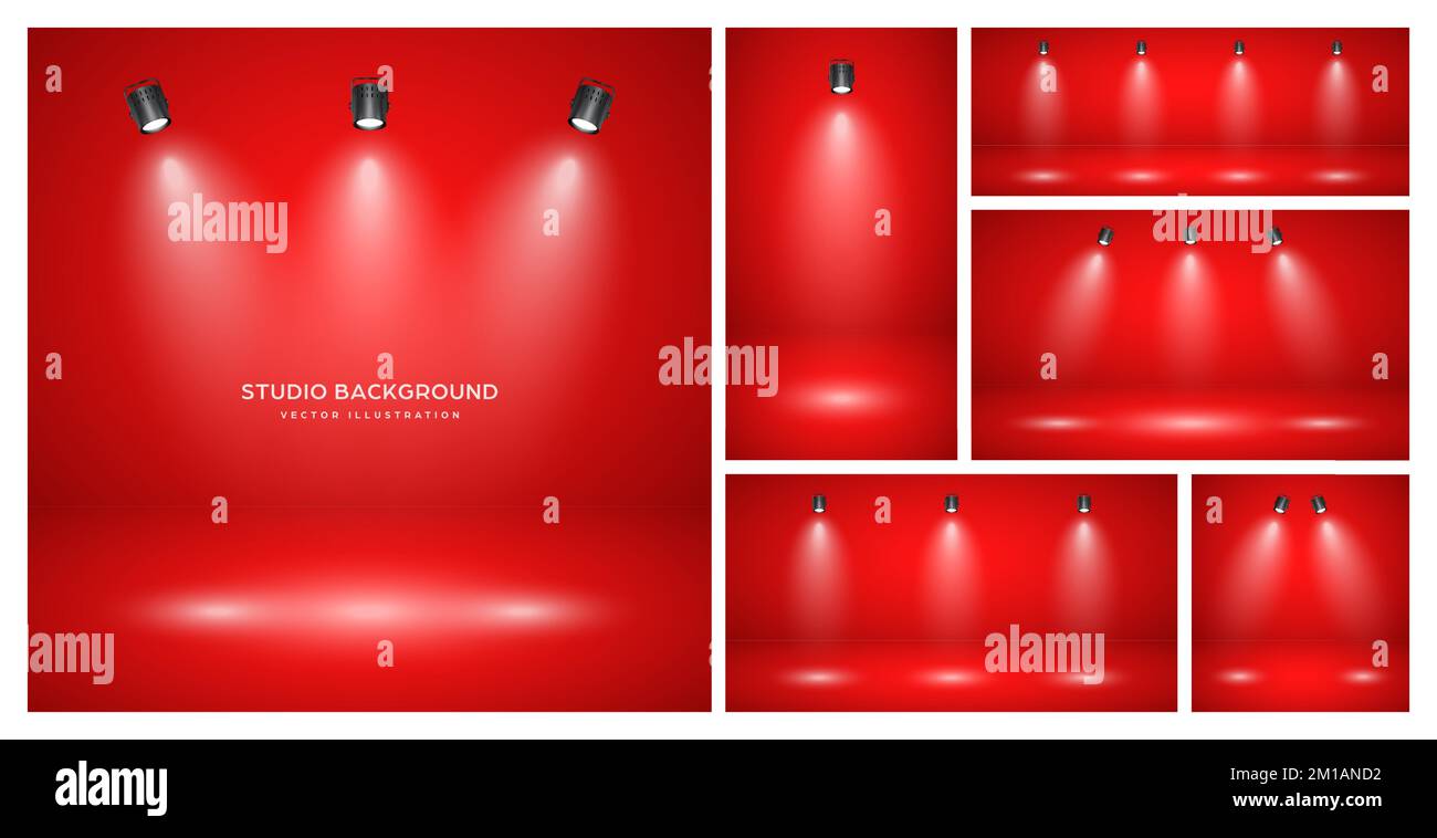 Arrière-plans abstraits de studio rouge vide avec spots. Toile de fond de présentation du produit avec effet de spot. Éclairage de scène. Illustration vectorielle Illustration de Vecteur