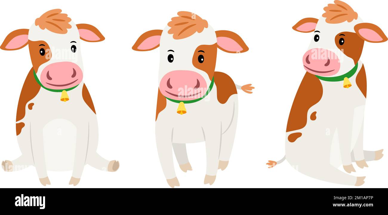 Collection de vaches mignonnes. Petits veaux blancs avec des taches rouges et des cloches autour de leur cou. Animaux isolés sur fond blanc. Jeu de caractères vectoriels de l'emblème, de l'autocollant ou de l'illustration Illustration de Vecteur