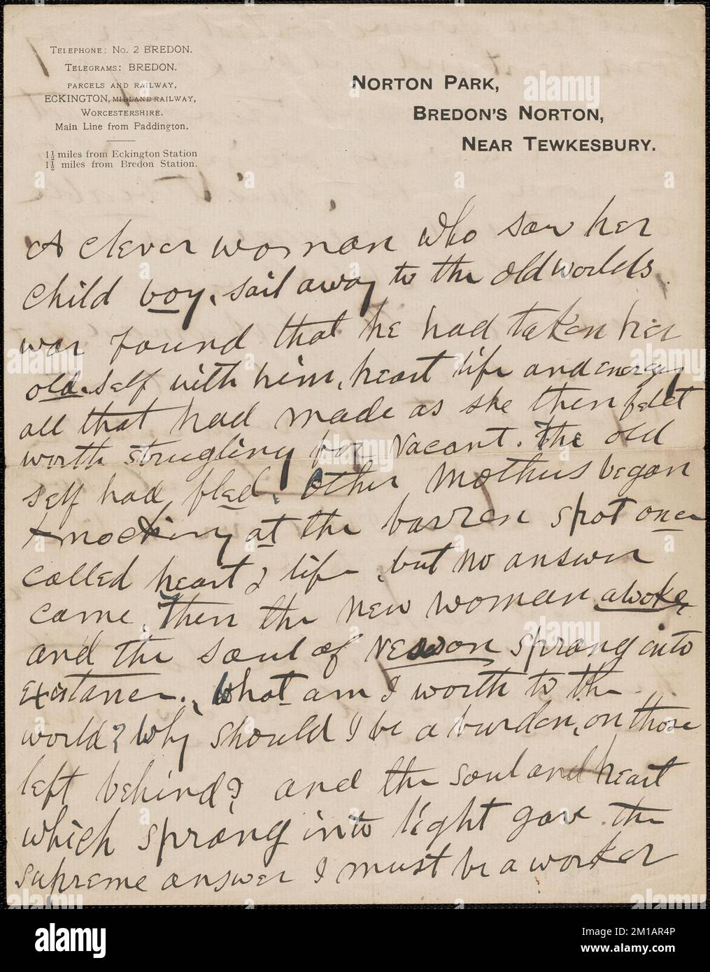 [Victoria Woodhull Martin] note autographe, [Bredon's Norton, Worcestershire, ing.?], vers 1901-1927 , Féministes, États-Unis, suffragistes. Victoria Woodhull Martin Papers Banque D'Images