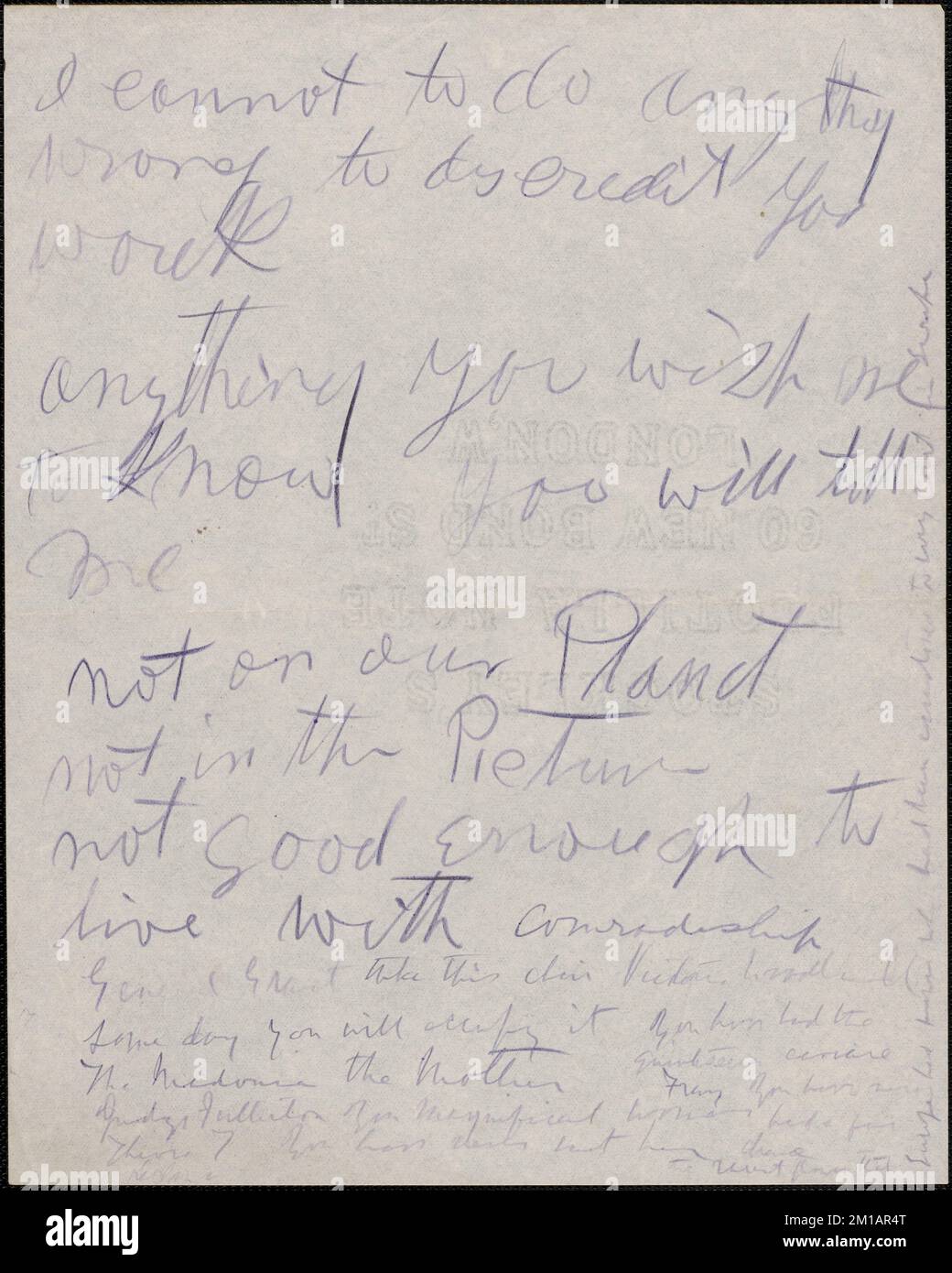 [Victoria Woodhull Martin] note autographe, [Bredon's Norton, Worcestershire, ing.?], vers 1901-1927? , Féministes, Etats-Unis, suffragistes. Victoria Woodhull Martin Papers Banque D'Images
