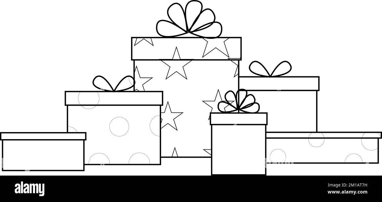 graphique noir et blanc dessin simple de boîtes-cadeaux de différentes tailles, élément isolé, décor Banque D'Images
