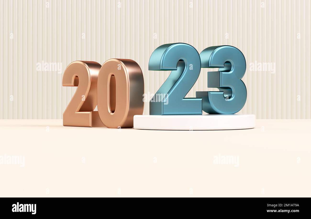Modèle d'arrière-plan de bannière minimaliste de la nouvelle année 2023 avec des chiffres métalliques dans un rendu réaliste de 3D Banque D'Images