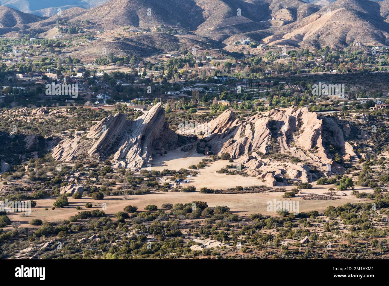 Vue aérienne du parc du comté de Vasquez Rocks près d'Agua Dulce dans le comté de Los Angeles, Californie. Banque D'Images