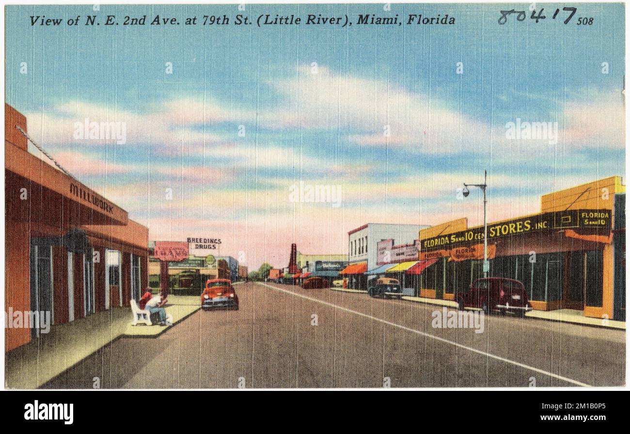 Vue sur la N.E. 2nd Ave. Au 79th St. (Little River), Miami, Floride , Villes et villages, Tichnor Brothers Collection, Cartes postales des États-Unis Banque D'Images
