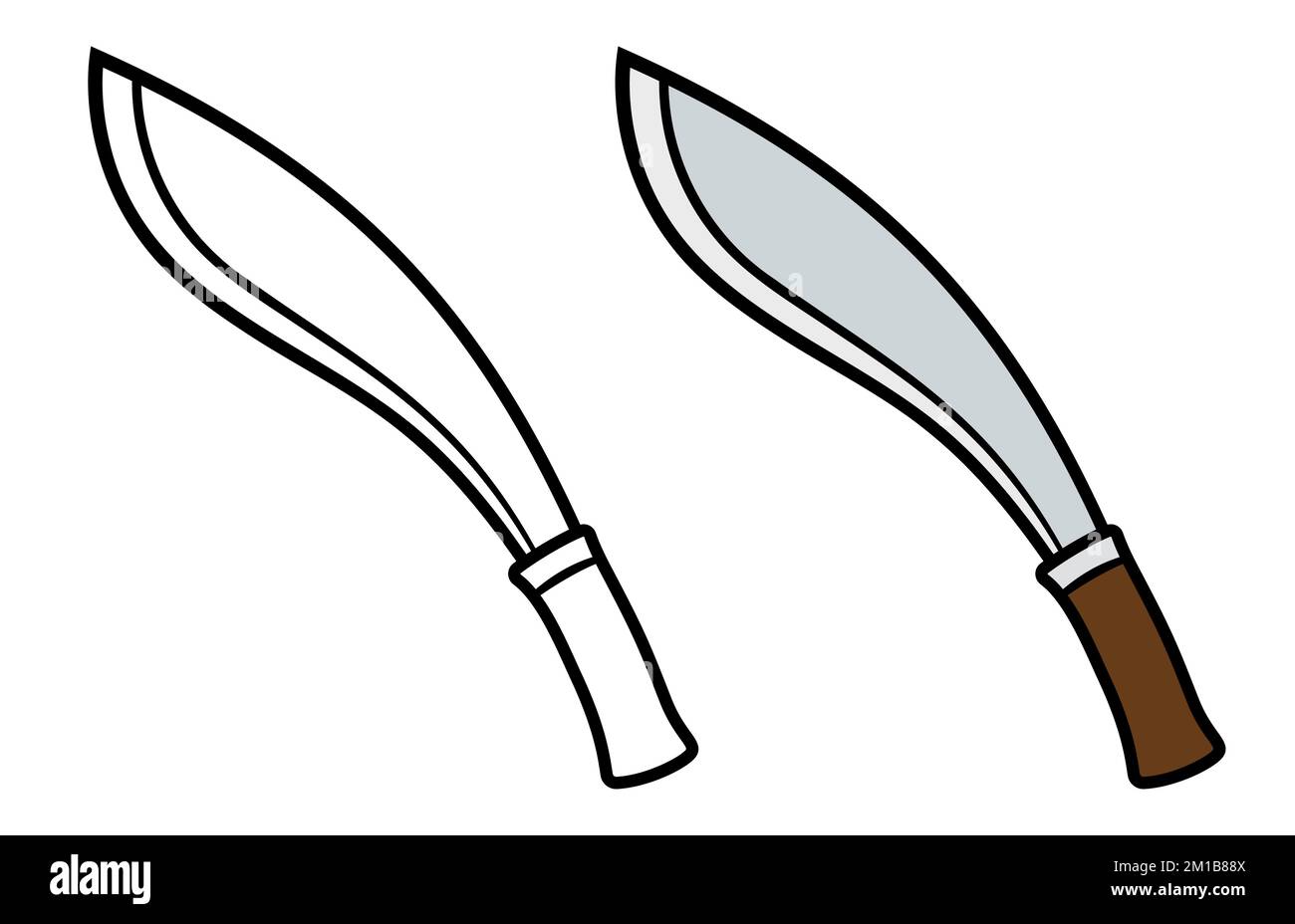 Couteau Kukri, machette népalaise traditionnelle. Dessin au trait noir et blanc et dessin en couleur. Illustration de clip art vectoriel. Illustration de Vecteur