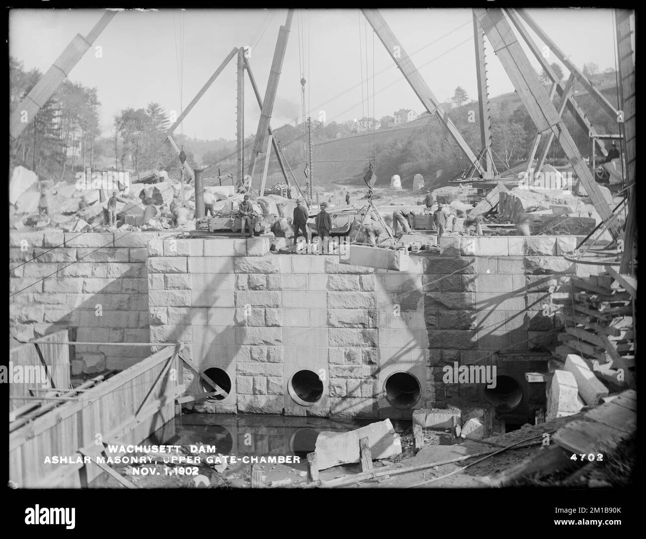 Barrage Wachusett, maçonnerie Ashlar, chambre de porte supérieure, Clinton, Mass., 1 novembre 1902 , travaux d'eau, barrages, chantiers de construction Banque D'Images