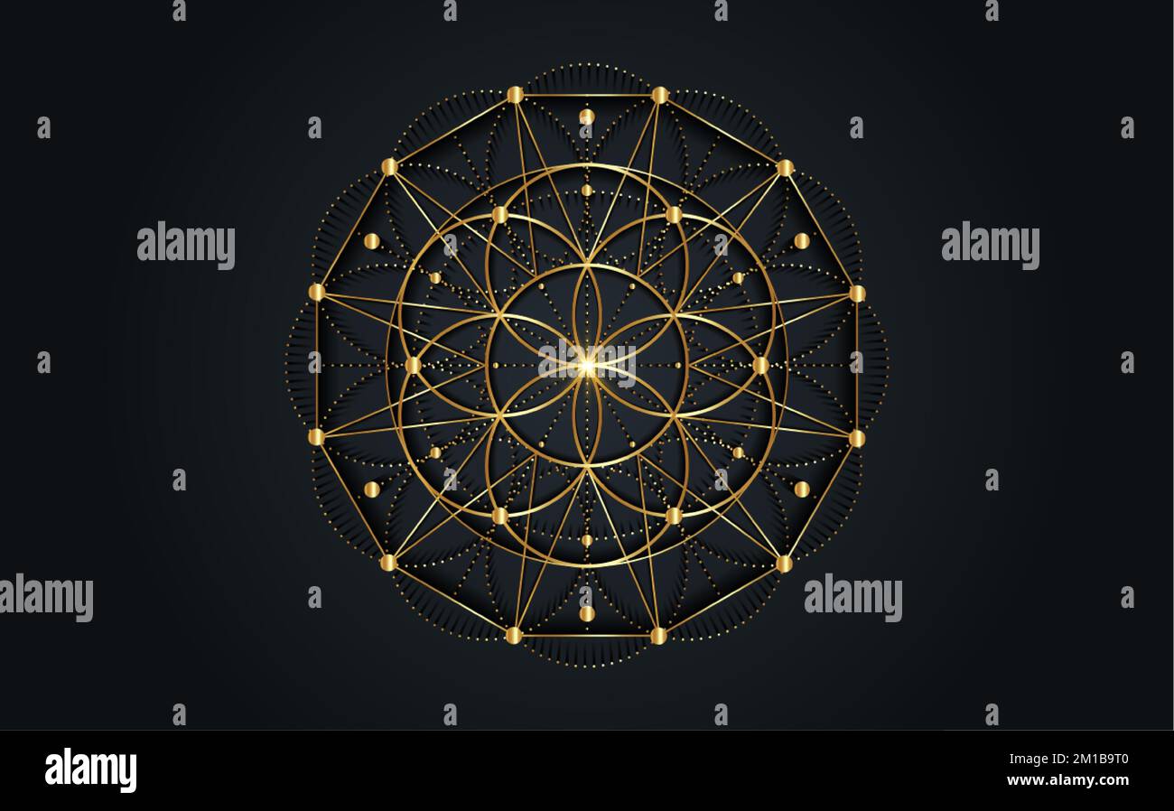 Symbole de la graine de vie géométrie sacrée. Mandala mystique géométrique de la fleur ésotérique alchimie de la vie. Design de luxe or, amulette méditative vecteur divin Illustration de Vecteur