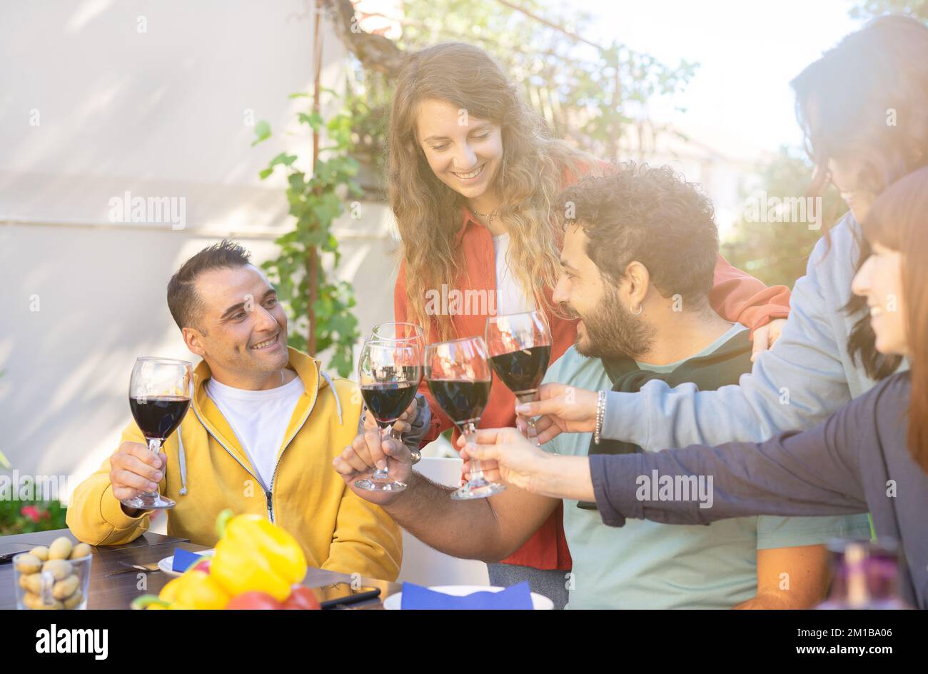 Des amis qui s'amusent en plein air - un groupe d'amis qui toasque un verre de vin à la maison au coucher du soleil Banque D'Images