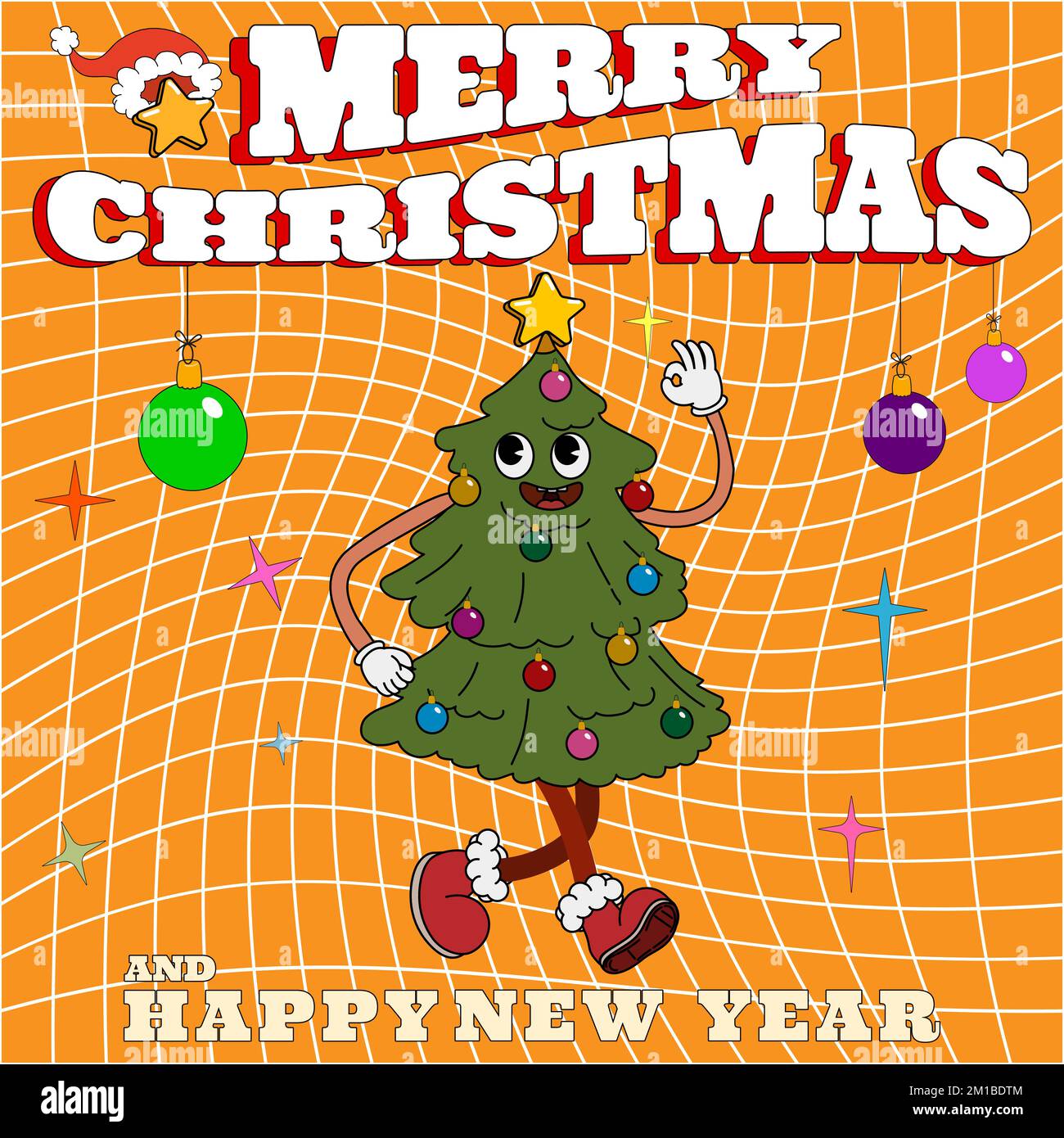 Affiche de Noël Groovy hippie. Sapin de Noël dans un style de dessin animé rétro tendance Illustration de Vecteur