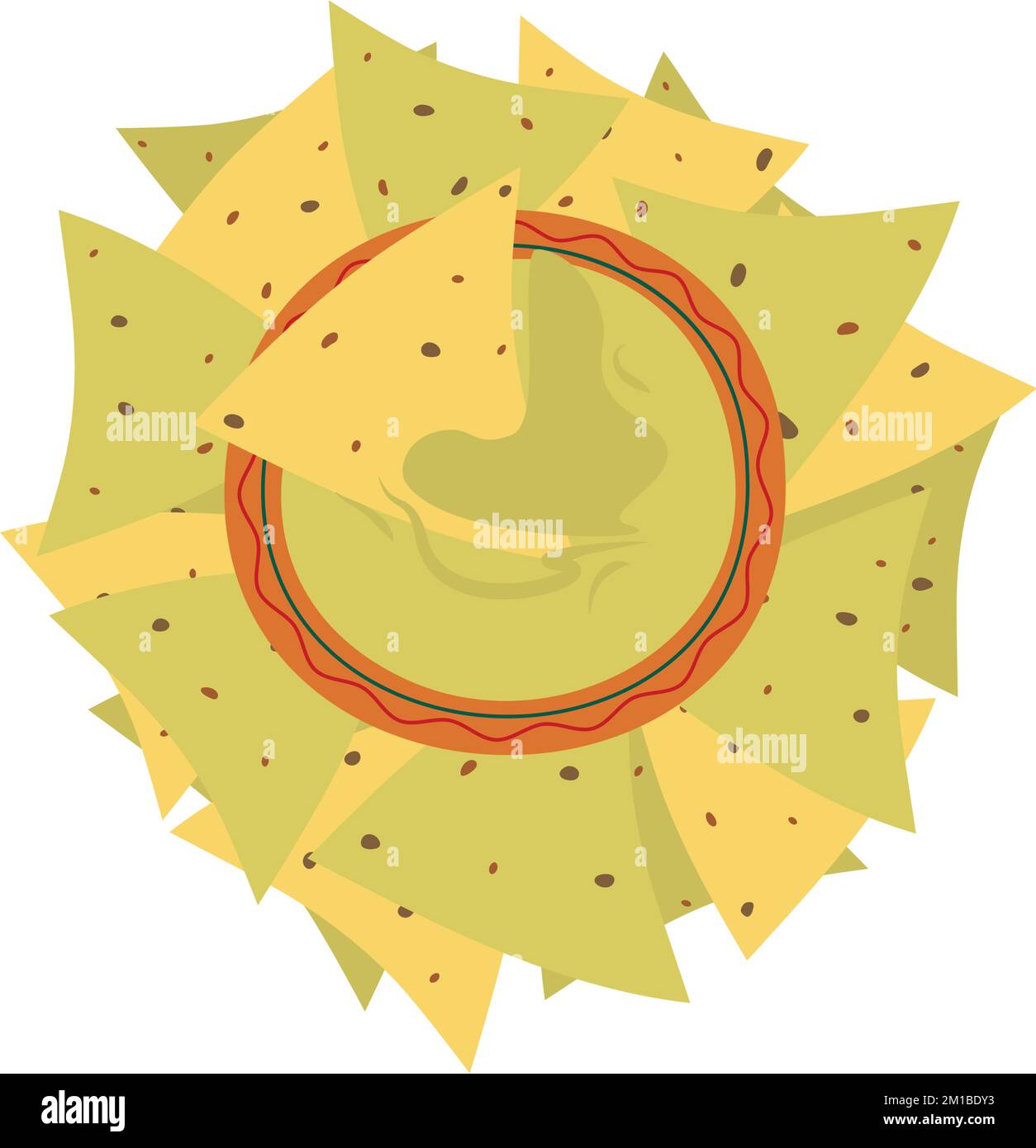 Sauce guacamole traditionnelle dans des tons verts dans un bol sur un tas de nachos aux grains de maïs colorés dans un style de dessin animé. Cuisine mexicaine. Autocollant. Icône. Isoler. Bon pour la bannière, le logo, les cartes, l'invitation, l'étiquette. EPS Illustration de Vecteur