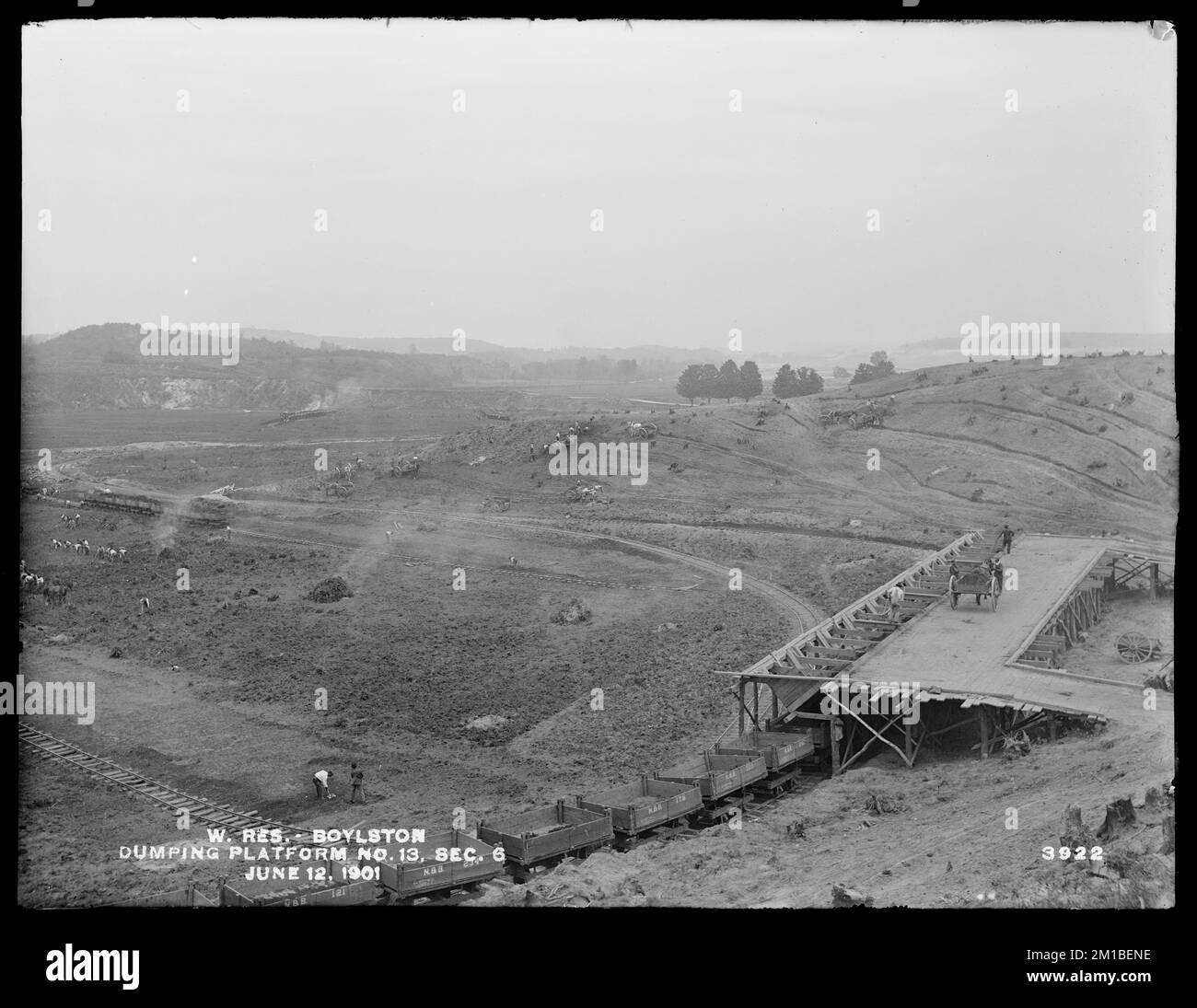 Réservoir Wachusett, plate-forme de dumping no 13, article 6, Boylston, Mass., 12 juin, 1901 , ouvrages d'eau, réservoirs, structures de distribution d'eau, chantiers de construction Banque D'Images