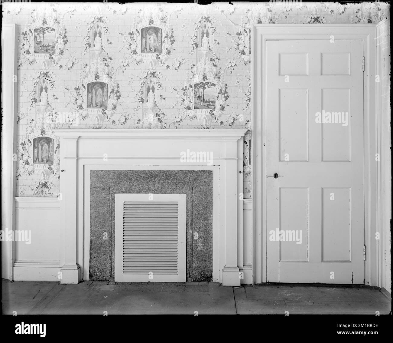 Waltham, détails intérieurs, papier peint et manteau, Governor Gore Mansion, 1799. , Mansions, Interiors, Mantels, Wallpapers, Gore, Christopher, 1758-1827. Collection de négatifs sur plaque de verre de Frank cousins Banque D'Images