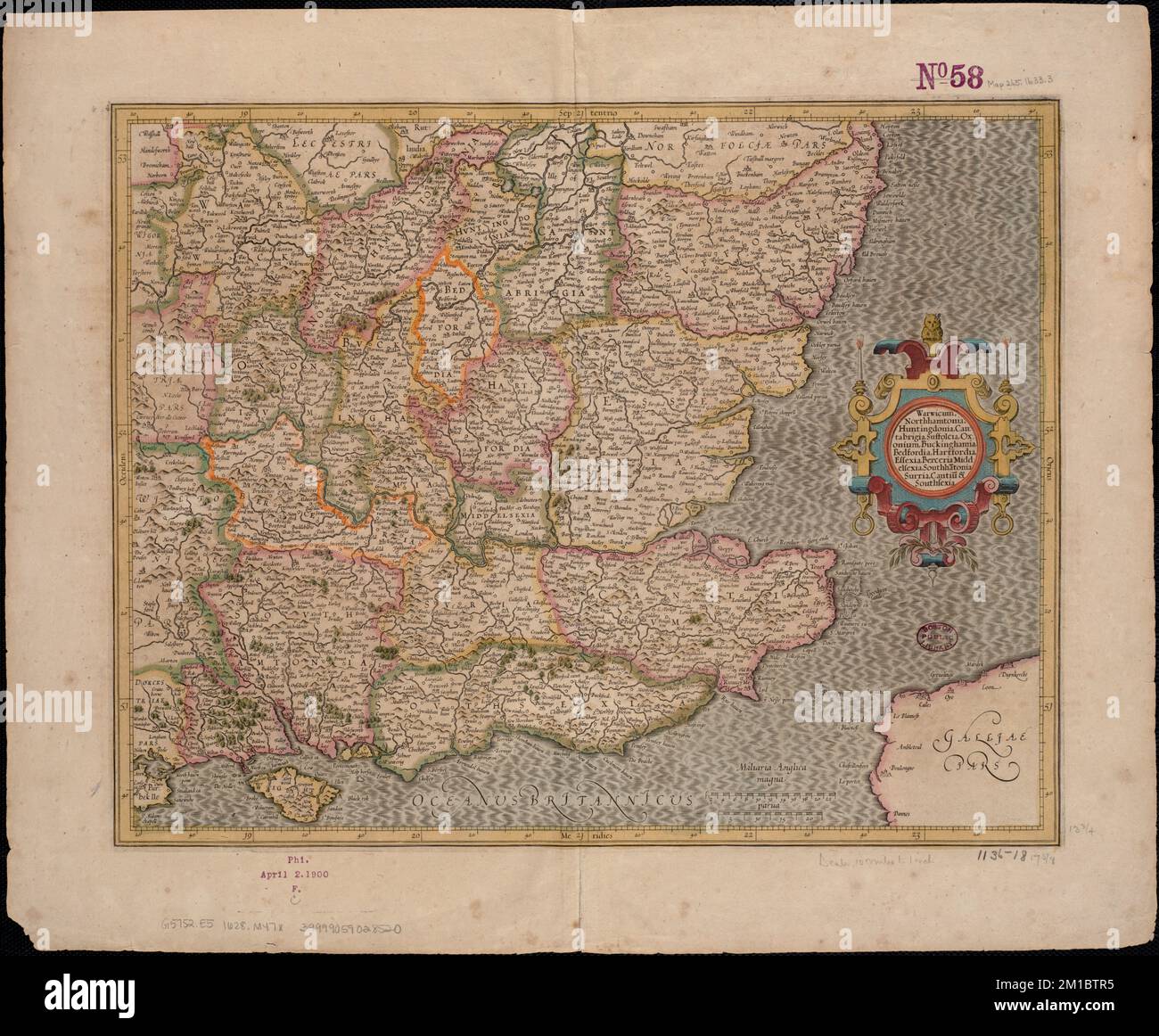 Warwicum, Northamtonia, Huntingdonia, Cantabrigia, Suffolcia, Oxonium, Buckinghamia, Bedfordia, Hartfordia, Essexia, Berceria, Middelsexia, Southa[m]tonia, Surria, Cantiu[m] & Southsexia , Angleterre, Sud-est, cartes, travaux préliminaires à 1800 Norman B. Leventhal Map Center Collection Banque D'Images