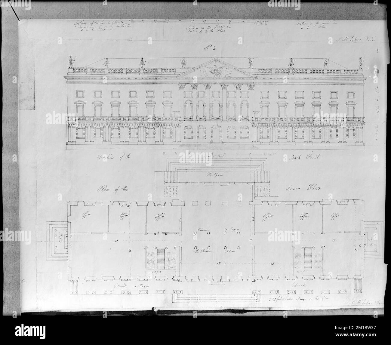 Washington, District de Columbia, cartes et plans, élévation et section de la Chambre du Sénat, soumis par Samuel McIntyre, 1793 , installations gouvernementales, plans. Collection de négatifs sur plaque de verre de Frank cousins Banque D'Images