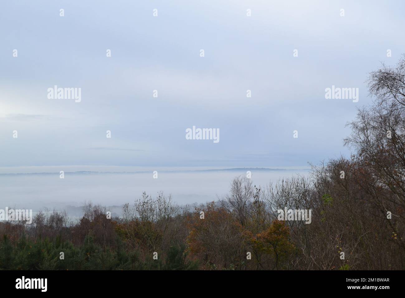 Inversion de la température causant de la brume et du brouillard au-dessus du Weald de Kent, en regardant vers le sud, photographié dans les bois du National Trust sur IDE Hill en décembre 2022 Banque D'Images