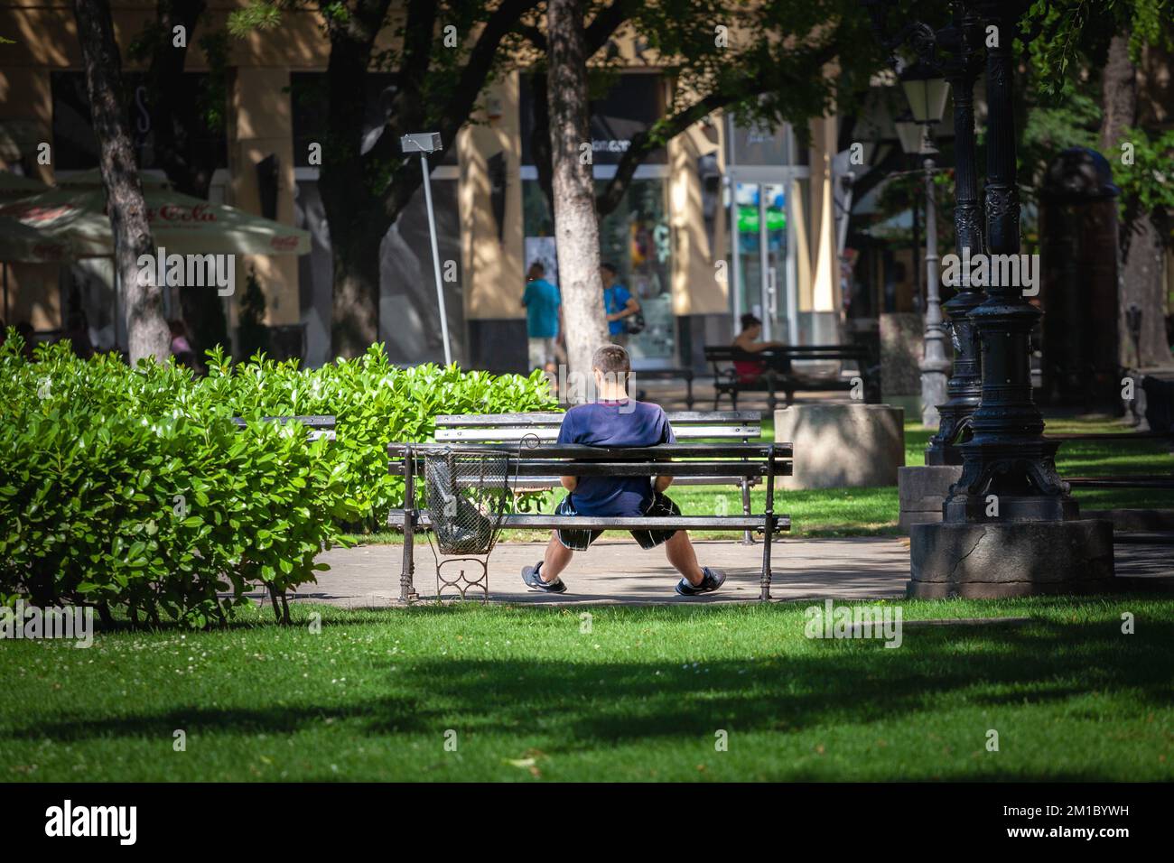 Photo d'un jeune homme assis seul dans un parc du centre-ville de Subotica, en Serbie, une ville serbe en proie au déclin démographique. Banque D'Images