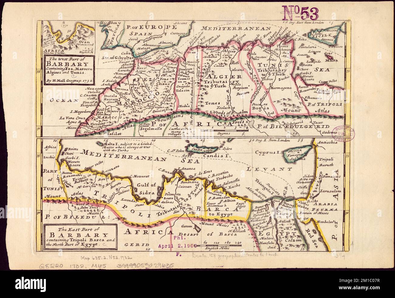 La partie ouest du Barbary contenant Fès, Marocco, Alger et Tunis / : la partie est du Barbary contenant Tripoli, Barca et la partie nord de l'Égypte , Afrique, Nord, cartes, travaux préliminaires jusqu'en 1800, 1732 Norman B. Leventhal Map Center Collection Banque D'Images