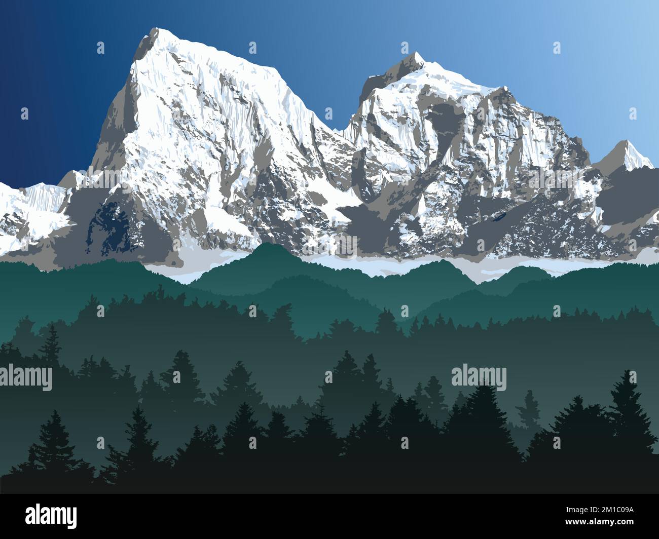 Grande chaîne de montagnes de l'Himalaya avec forêt, illustration vectorielle des montagnes de l'Himalaya, montagne enneigée de couleur blanche et bleue Illustration de Vecteur