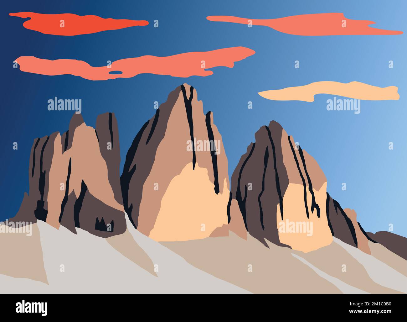 Illustration vectorielle Tre cime di Lavaredo avec ciel nocturne, Dolomites mountais, Italie Illustration de Vecteur