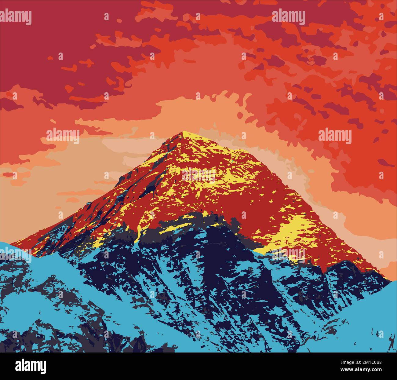Mont Everest vu de Kala Patthar coucher de soleil vue, vecteur illustration logo, Mt Everest 8 848 m, Népal Himalaya montagne Illustration de Vecteur