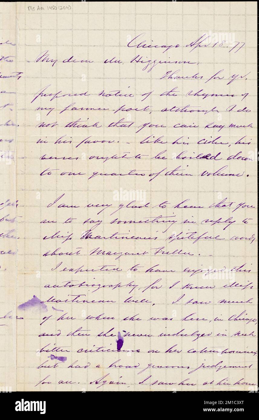 William Clarke lettre autographe signée à Thomas Wentworth Higginson, Chicago, Illinois, 18 avril 1877, Fuller, Margaret, 1810-1850, Martineau, Harriet, 1802-1876 Banque D'Images