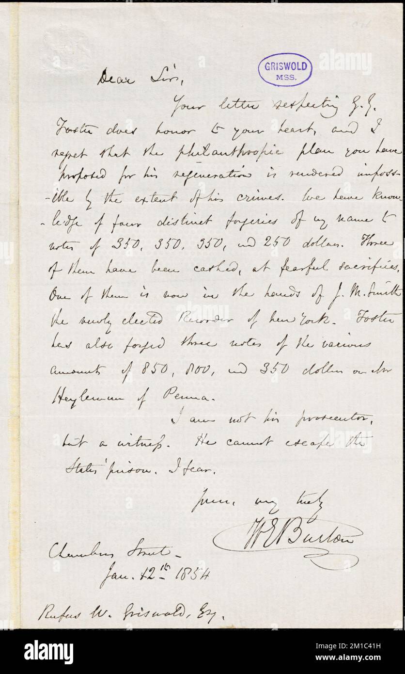 William Evans Burton, Chambers St., lettre autographe signée à R.W. Griswold, 12 janvier 1854 , littérature américaine, 19th siècle, Histoire et critique, auteurs, American, 19th Century, correspondance, auteurs et éditeurs, Poets, Américain, 19th siècle, correspondance. Papiers Rufus W. Griswold Banque D'Images