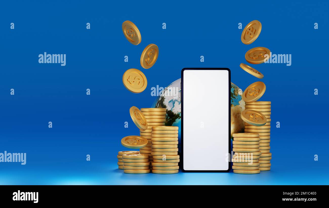 Smartphone avec pile de pièces d'or et globe ou terre, monde des affaires et des concepts financiers. 3D rendu. Élément par NASA Banque D'Images
