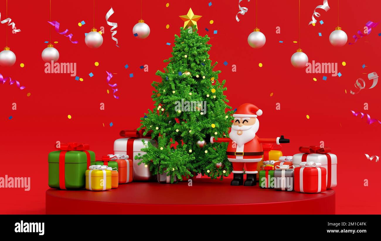 Clause Santa avec bonhomme de neige et arbre de Noël et boîte de cadeaux, bonne année et Joyeux Noël carte de voeux Noël, 3D rendu caricature Banque D'Images