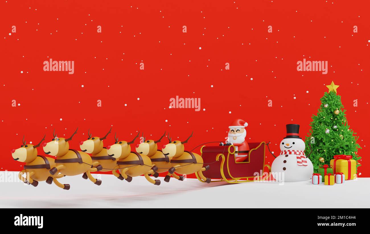 Clause Santa avec traîneau près bonhomme de neige et arbre de Noël et boîte de cadeaux, bonne année et Joyeux Noël carte de voeux Noël, 3D rendu ca Banque D'Images