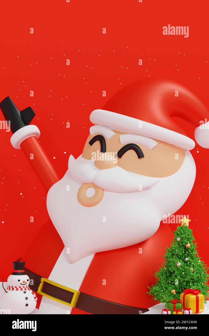 Clause Santa avec bonhomme de neige et arbre de Noël et boîte de cadeaux, bonne année et Joyeux Noël carte de voeux Noël, 3D rendu caricature Banque D'Images