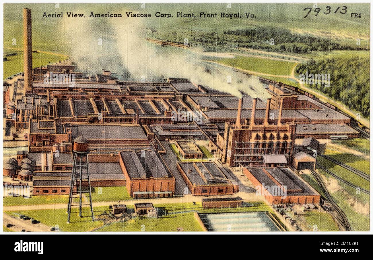 Vue aérienne, American viscose Corp Usine, Front Royal, Virginie , Installations industrielles, Collection Tichnor Brothers, cartes postales des États-Unis Banque D'Images