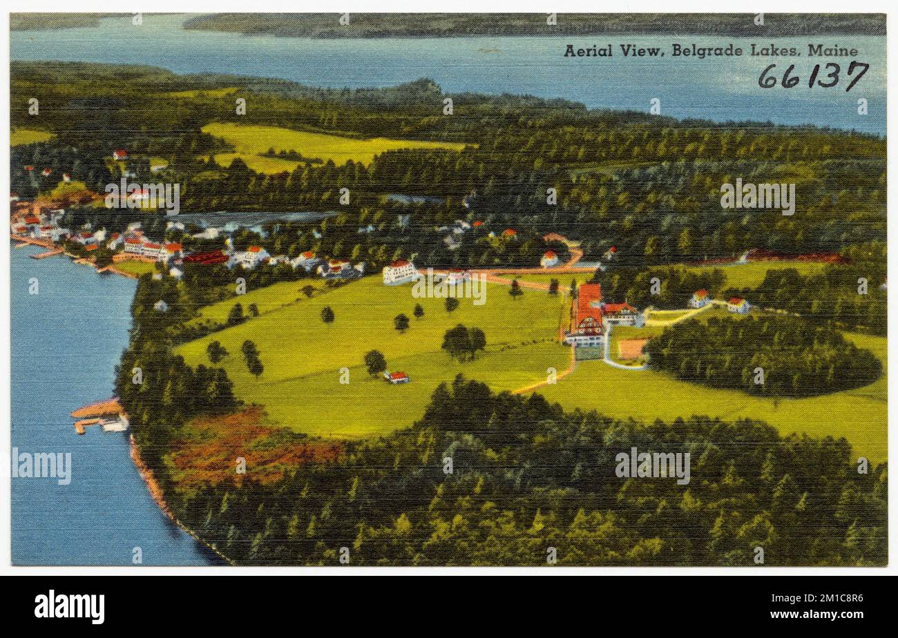 Vue aérienne, Belgrade Lakes, Maine, lacs et étangs, villes et villages, Tichnor Brothers Collection, cartes postales des États-Unis Banque D'Images