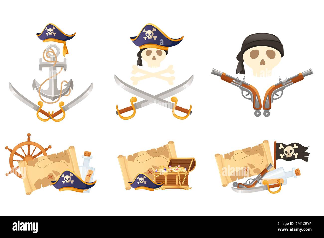 Ensemble de thème de pirate avec crâne de navire et illustration de vecteur d'arme sur fond blanc Illustration de Vecteur