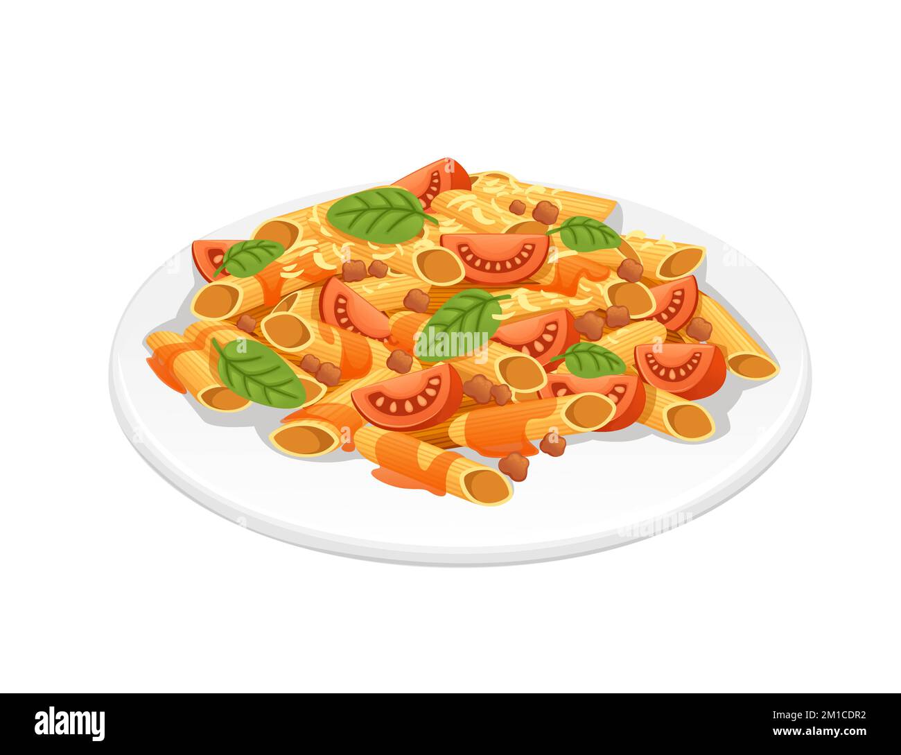 Plat prêt à manger pâtes italiennes cavatappi penne avec origan à la tomate et illustration vectorielle à la viande sur fond blanc Illustration de Vecteur