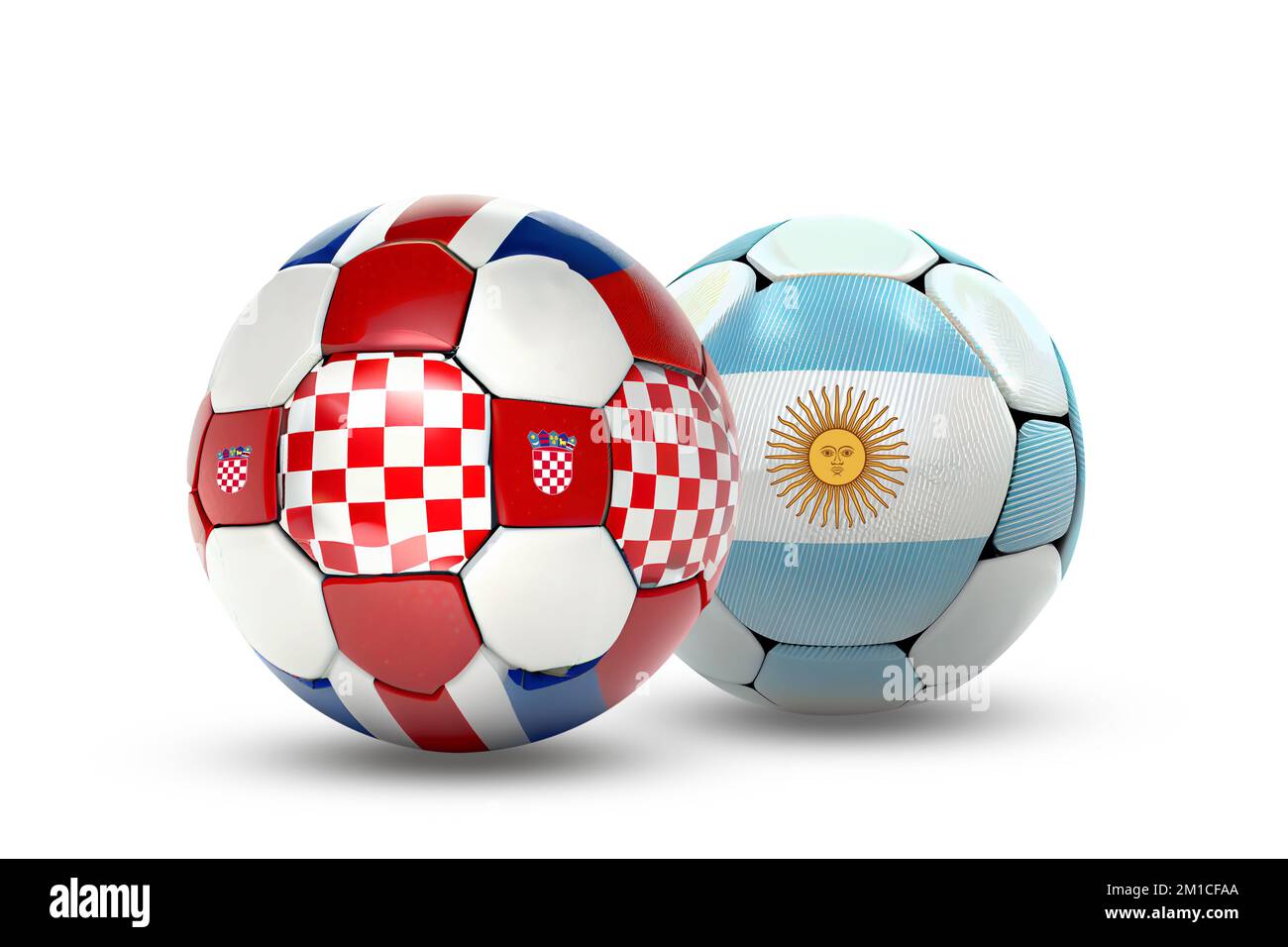 Ballons de football de Croatie et d'Argentine. Isoler sur un fond blanc, image 3D. Demi-finale de la coupe du monde Banque D'Images