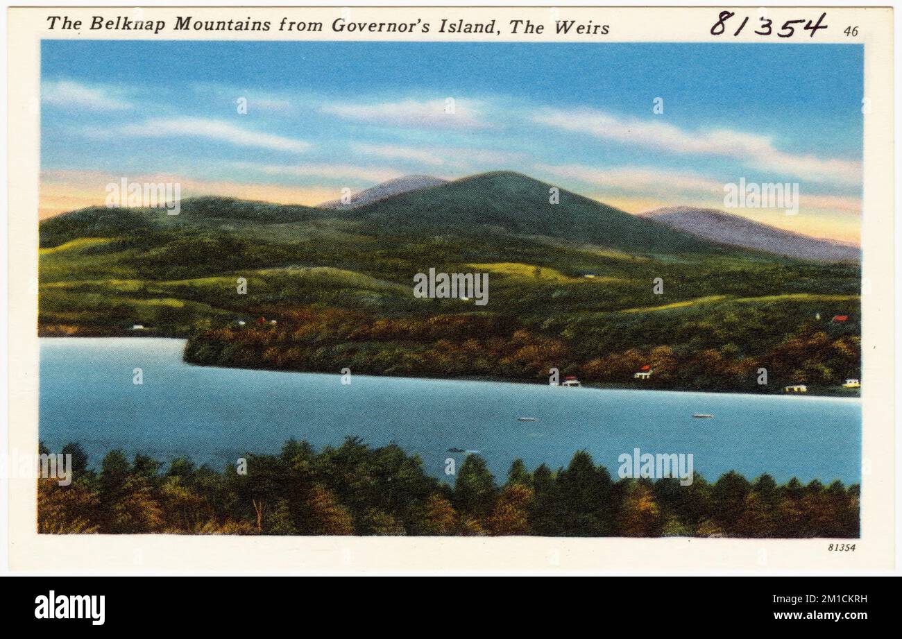 Les monts Belknap de l'île Governor, les Weirs, les montagnes, la Collection des frères Tichnor, les cartes postales des États-Unis Banque D'Images