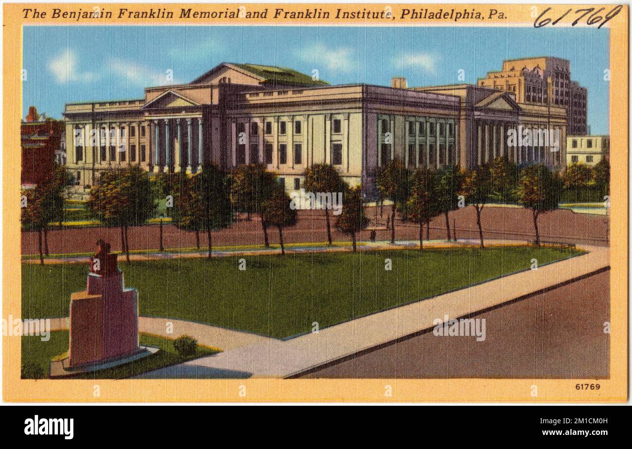 Le mémorial Benjamin Franklin et l'Institut Franklin, Philadelphie, Pennsylvanie. , Monuments et monuments commémoratifs, Collection des frères Tichnor, cartes postales des États-Unis Banque D'Images