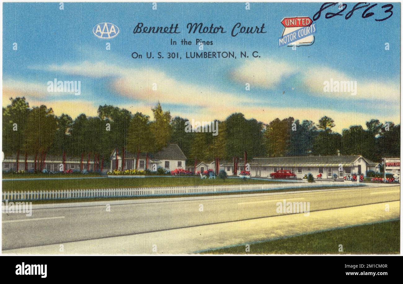 Bennett Motor court, in the Pines, on É.-U. 301, Lumberton, N. C. , Motel, Tichnor Brothers Collection, cartes postales des États-Unis Banque D'Images