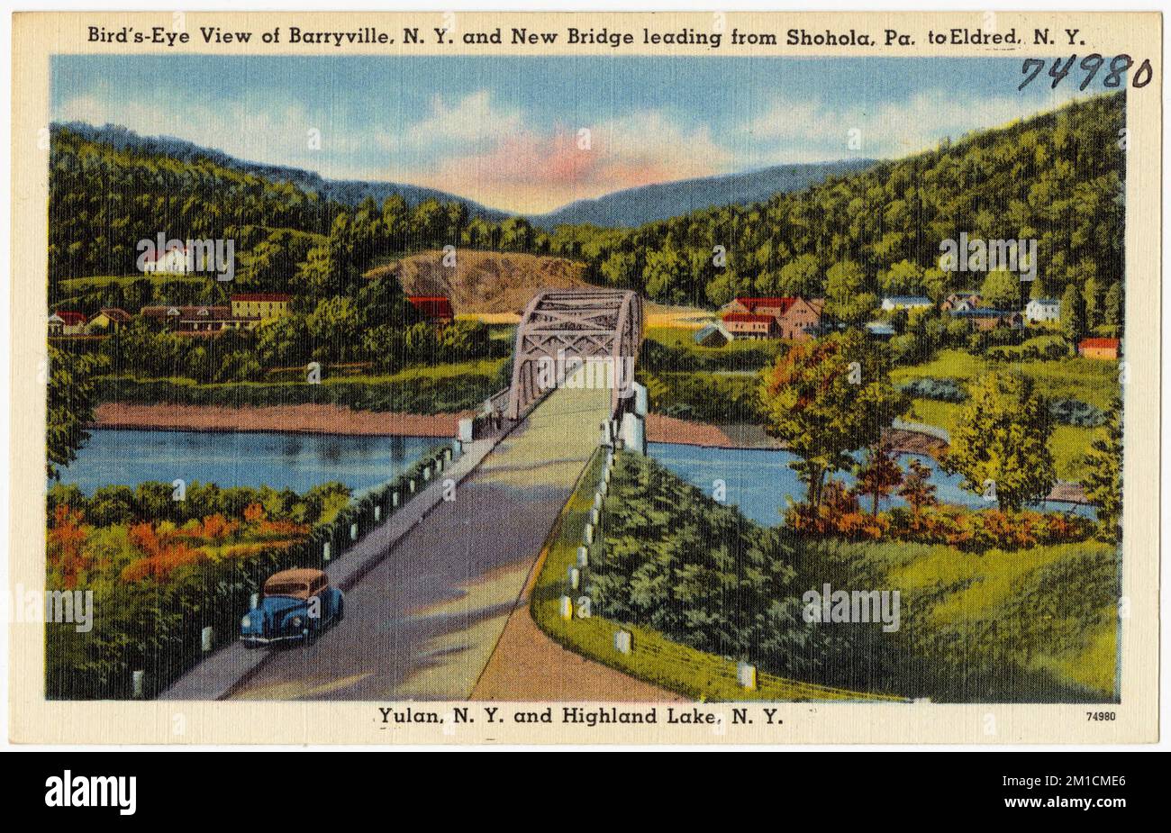 Vue panoramique de Barryville, N. Y. et du pont New qui relie Shohola, en Pennsylvanie, à Eldred, N. Y. Yulan, N. Y. et Highland Lake, N. Y. , Bridges, Tichnor Brothers Collection, cartes postales des États-Unis Banque D'Images