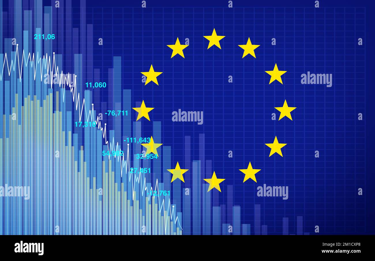 Récession de l'Union européenne et cycle de contraction de l'économie de l'UE en tant que déclin de l'euro ou activité économique et crise économique de l'Europe avec une tendance à la baisse Banque D'Images