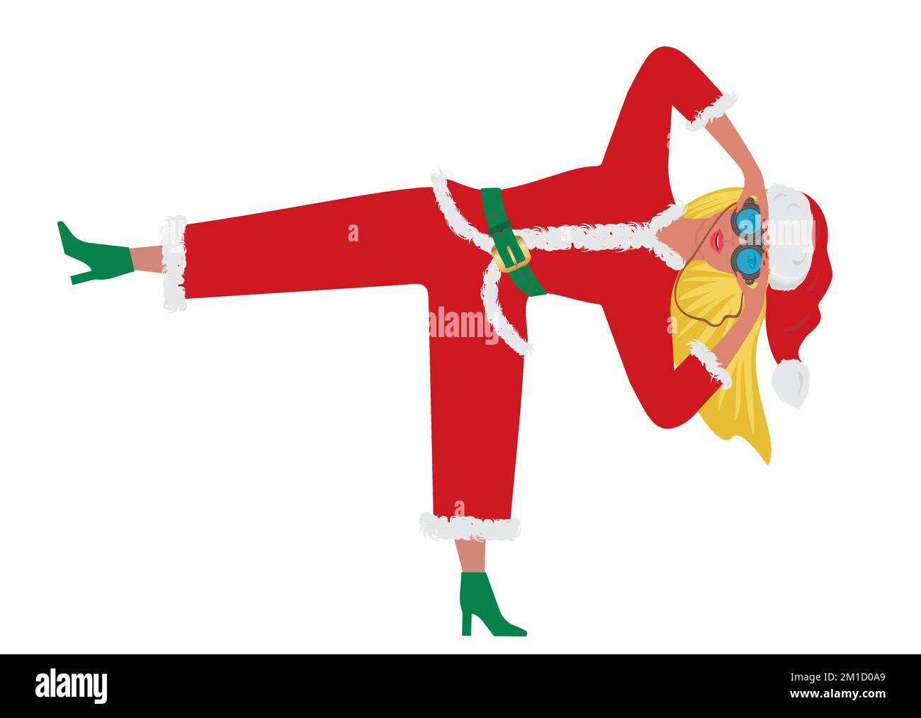 Femme, fille comme Père Noël regardant à travers des jumelles, debout sur une jambe. Isolé. Illustration vectorielle. Illustration de Vecteur