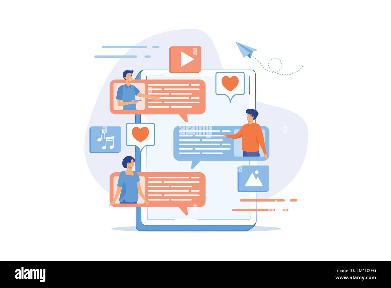 Tablette avec les utilisateurs communiquant et bulles de la parole. Communication Internet mondiale, médias sociaux et technologie de réseau, chat, message et forum concep Illustration de Vecteur